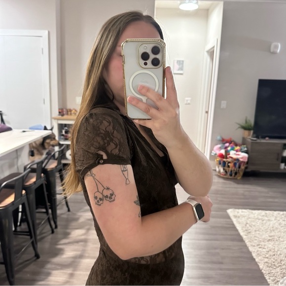 Vintage Apt 9 Brown Lace Sheer Short Sleeve V-Neck Polo Blouse - Picture 8 of 12